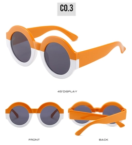 Three-angle view of two-tone orange and white round sunglasses for kids with grey lenses