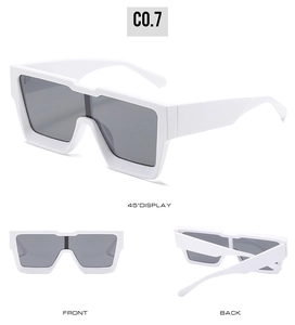 Front and side detail of white chunky square sunglasses with dark grey lenses