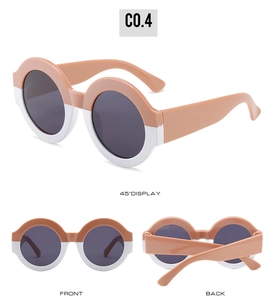 Detailed views of round two-tone oversized sunglasses in pink and white from three angles