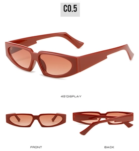Three-angle views of retro dark red triangular narrow frame sunglasses with brown lenses