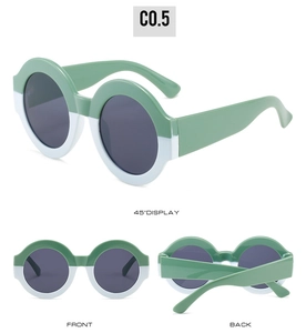 Three-angle display of kids vintage oversized round sunglasses in mint green and white