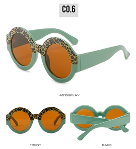 Detail view of round leopard print sunglasses with orange lenses and green frame
