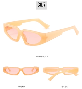 Three-view display of vintage narrow triangle sunglasses in translucent orange C0.7 finish