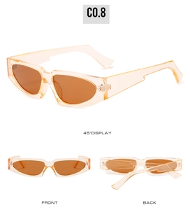 Three-view display of orange narrow triangle frame sunglasses in vintage Y2K style