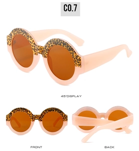 Detailed views of round two-tone sunglasses with leopard print and pink frames