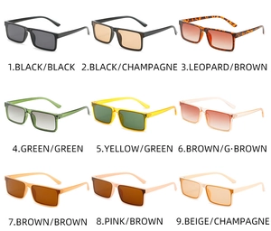Grid display of vintage rectangular sunglasses in nine colors with tinted lenses