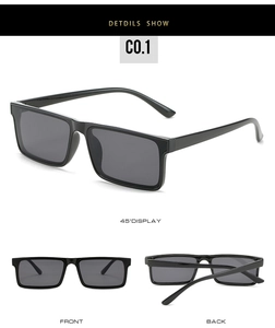 Detailed views of black rectangular sunglasses from front, 45-degree angle, and back