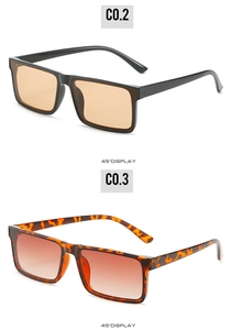 Detail view of rectangular sunglasses in black and leopard patterns at 45 degree angle