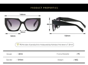 Detailed size chart for geometric sunglasses showing frame width and lens dimensions
