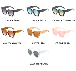 Detailed catalog showing seven color options of oversized polygonal sunglasses in a grid layout