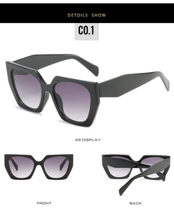 Three angles of geometric oversized sunglasses with wide temples and purple gradient lenses
