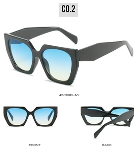 Multi-angle view of oversized geometric cat-eye sunglasses with blue-yellow gradient lenses