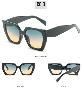 Detailed multi-angle view of oversized geometric sunglasses with dark green frames