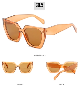 Three views of polygon orange sunglasses showing transparent frames and temples