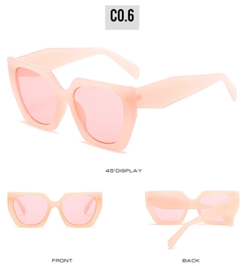 Three-view display of pink geometric oversized sunglasses from front, back, and 45-degree angle