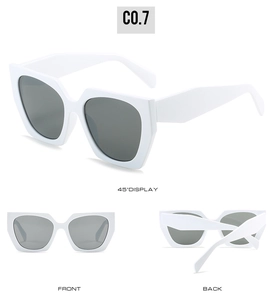Polygonal white sunglasses with wide temples shown in 45-degree front and back views
