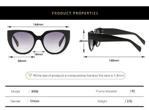 Detailed size chart with 144mm width and dimensions for unisex cat-eye sunglasses