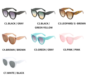 Multiple color variations of cat-eye sunglasses including tortoise, pink and blue frames