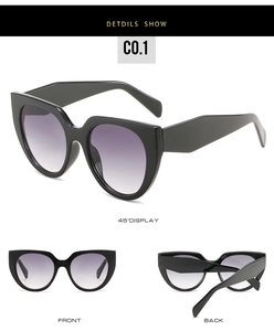 Three-angle view of black cat-eye sunglasses with purple gradient lenses and geometric arms