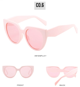 Pink cat-eye sunglasses featuring unique diamond-shaped temples shown from three view angles