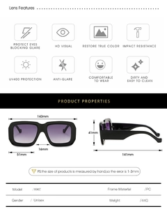 Maßangaben für die rechteckige Sonnenbrille mit lila UV400-Gläsern im Retro-Stil
