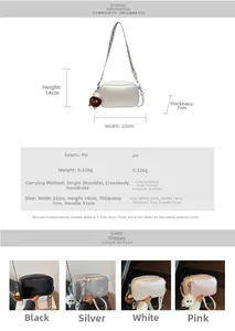 Detail showing dimensions 22x14x7cm and four color options for the PU square handbag