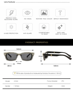Detailed specs of square Y2K sunglasses with PC frame and rhinestone decor