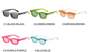 Detail of square Y2K sunglasses with sparkling rhinestones in five vibrant colors