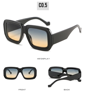 Drei-Winkel-Ansicht der markanten schwarzen Rechteck-Sonnenbrille mit Verlaufsgläsern