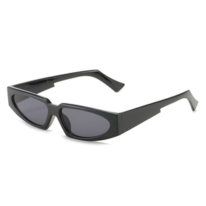 Fashionable black chunky rectangle frame sunglasses with dark grey lenses on white background