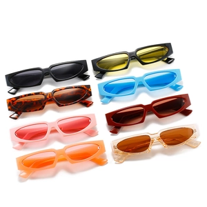 Fashionable retro triangular narrow frame sunglasses in 8 assorted colors on white background