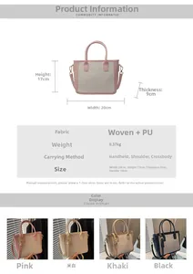 Detailed size specifications and color options for the woven fabric and PU tote bag