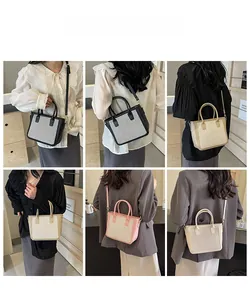 Collage of model carrying woven tote bags in various colors with adjustable shoulder straps