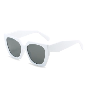 Modern white geometric polygonal sunglasses with wide temples and dark grey lenses