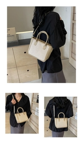 Three views of a beige woven tote bag with leather straps and an adjustable shoulder strap