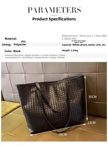 Detaillierte Größenparameter der schwarzen geflochtenen PU-Leder Einkaufstasche