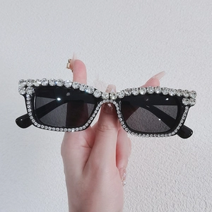 Luxury oversized square sunglasses with sparkling white rhinestones and dark grey lenses