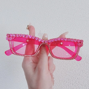 Y2K square rhinestone sunglasses with pink transparent frames and sparkling crystals