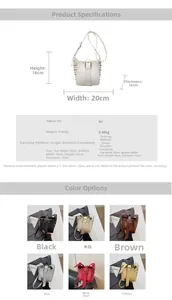 Detailed product size specs and color options for rivet crocodile bucket bag