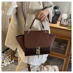 Close-up of retro dark brown crocodile pattern leather handbag with golden chain detail