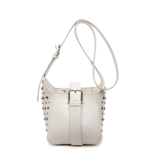 White crocodile pattern bucket bag with silver studs and adjustable shoulder strap