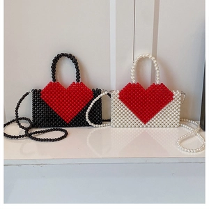 Dual view of handmade beaded bags with heart patterns, showing tote and crossbody options