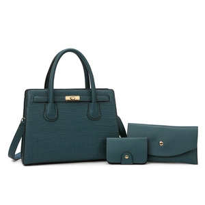 Three-piece women's handbag set in dark green crocodile pattern leather with gold hardware
