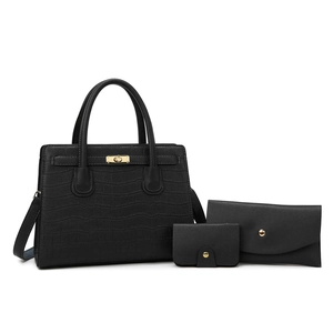 Black crocodile embossed tote bag set with three pieces and gold metallic hardware accents