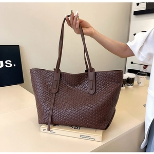 Large capacity woven tote bag in dark brown leather style for women with long shoulder straps