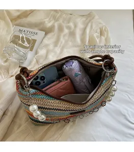 Top view of striped woven beach bag showing large capacity for umbrella and phone