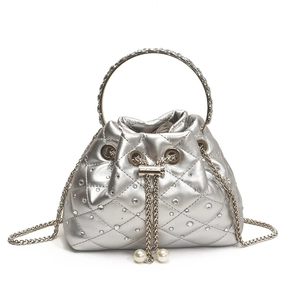 Silver quilted bucket bag with rhinestones, metal ring handle and pearl drawstring