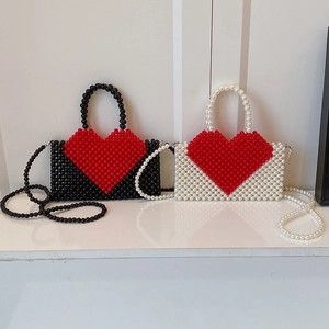 Handmade Beaded Heart Crossbody Bag Acrylic Imitation Artificial Pearl Shoulder Handbag Chic Fashion Accessory For Women