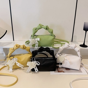 Retro Korean Style PU Leather Crossbody Bag For Women With Knot Handle Artificial Pearl Heart Charm Lace Bow Niche Design Handbag