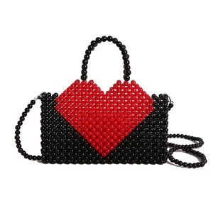 Handmade beaded handbag with red heart pattern and black pearls for women